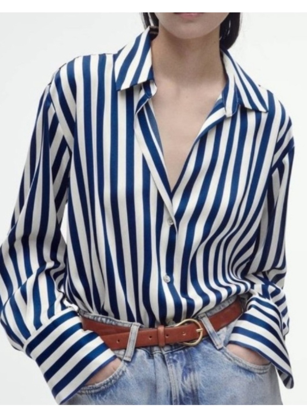 Zara Oversized Blue and White Striped Shirt size Large